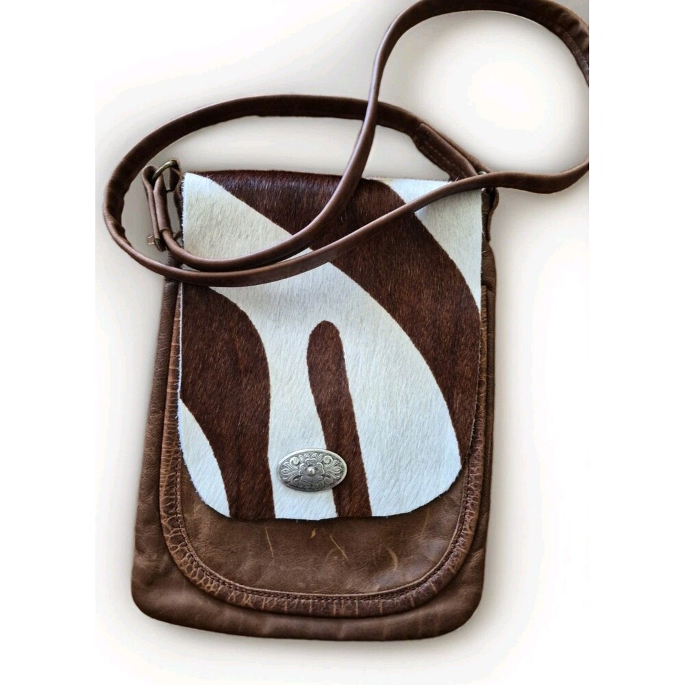Handcrafted Soft Brown Leather, Animal Hair Crossbody Purse With Outside Pocket